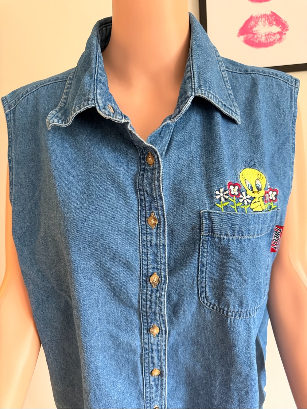 Vintage 90s Looney Tunes Tweety Bird Sleevenless Denim Shirt 1997 WB Bullseye
